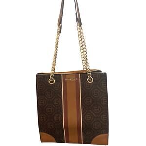 Ellen Tracy Chocolate Cognac Tote Shopper Bag w/ Chain Handle. 11”x10”x5”